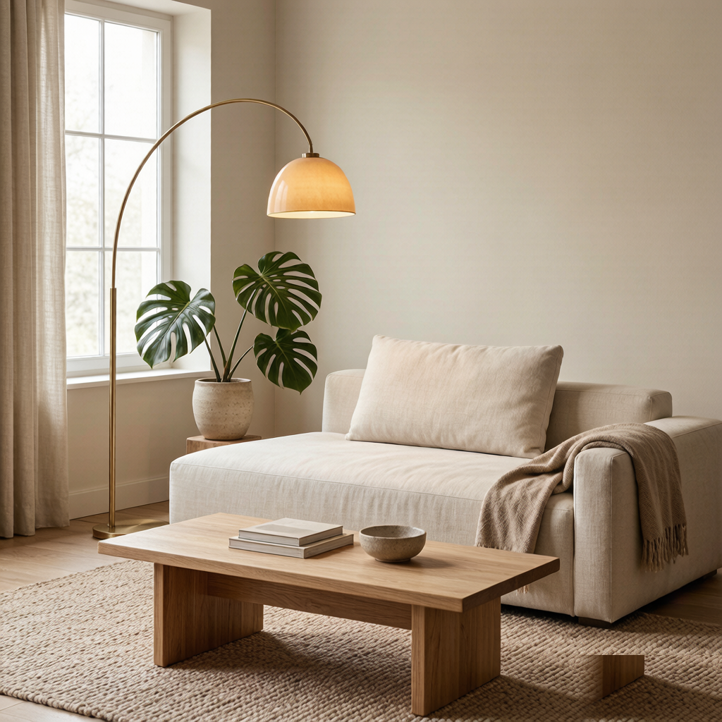 Warm modern living room with a cream linen sofa, arched floor lamp and monstera plant