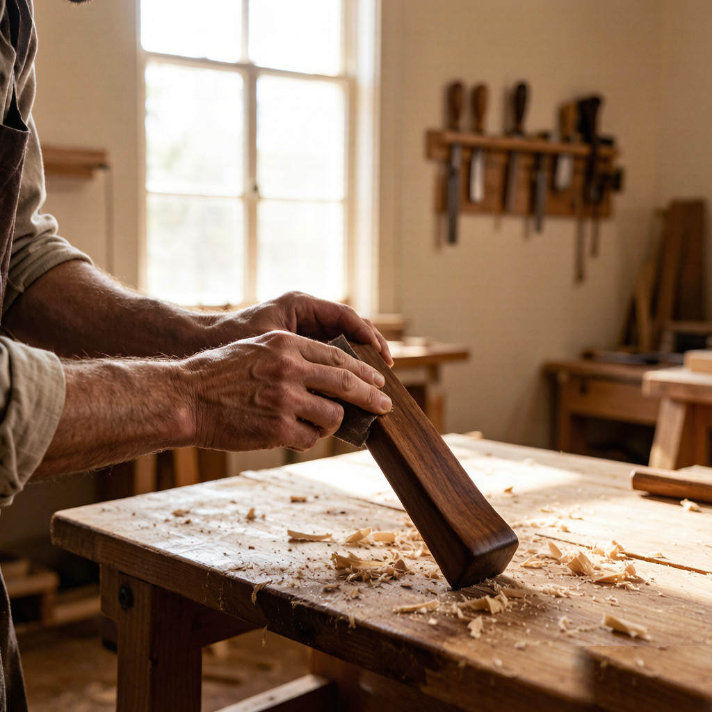 Artisan sanding solid walnut wood in our workshop
